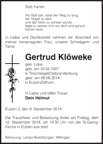 Traueranzeige von Gertrud Klöweke von Uelzen