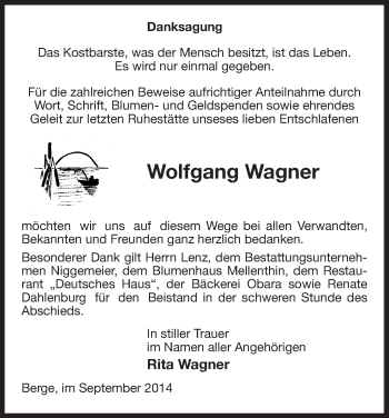 Traueranzeige von Wolfgang Wagner von Uelzen