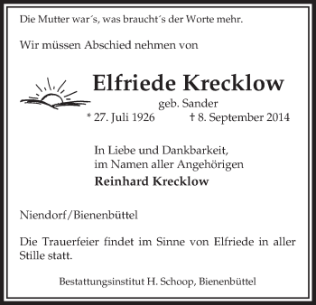 Traueranzeige von Elfriede Krecklow von Uelzen