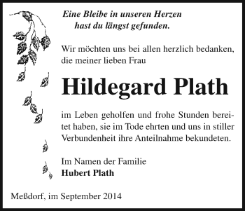 Traueranzeige von Hildegard Plath von Uelzen