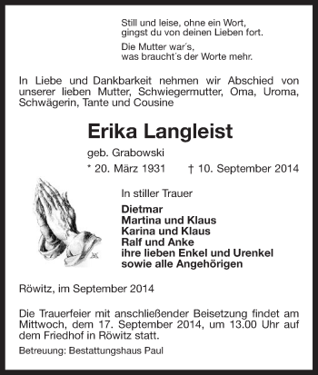 Traueranzeige von Erika Langleist von Uelzen