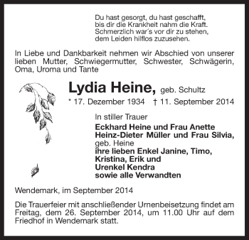 Traueranzeige von Lydia Heine von Uelzen