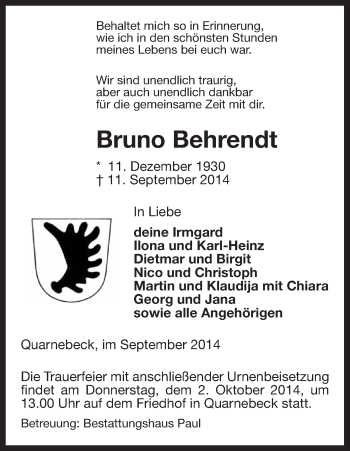 Traueranzeige von Bruno Behrendt von Uelzen