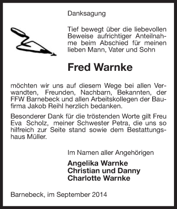 Traueranzeige von Fred  Warnke von Uelzen