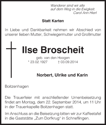 Traueranzeige von Ilse Broscheit von Uelzen