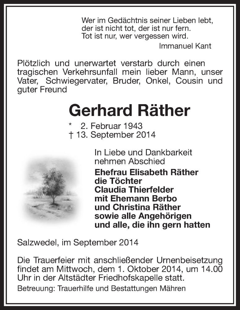  Traueranzeige für Gerhard Räther vom 17.09.2014 aus Uelzen