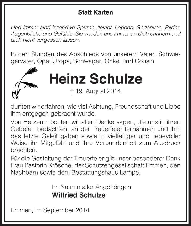 Traueranzeigen von Heinz Schulze AZ.Trauer.de
