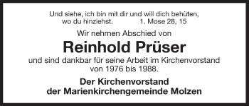 Traueranzeige von Reinhold Prüser von Uelzen