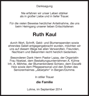 Traueranzeige von Ruth Kaul von Uelzen