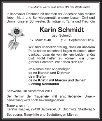 Traueranzeige von Karin Schmidt von Uelzen