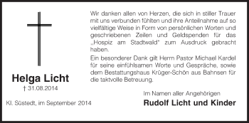 Traueranzeige von Helga Licht von Uelzen