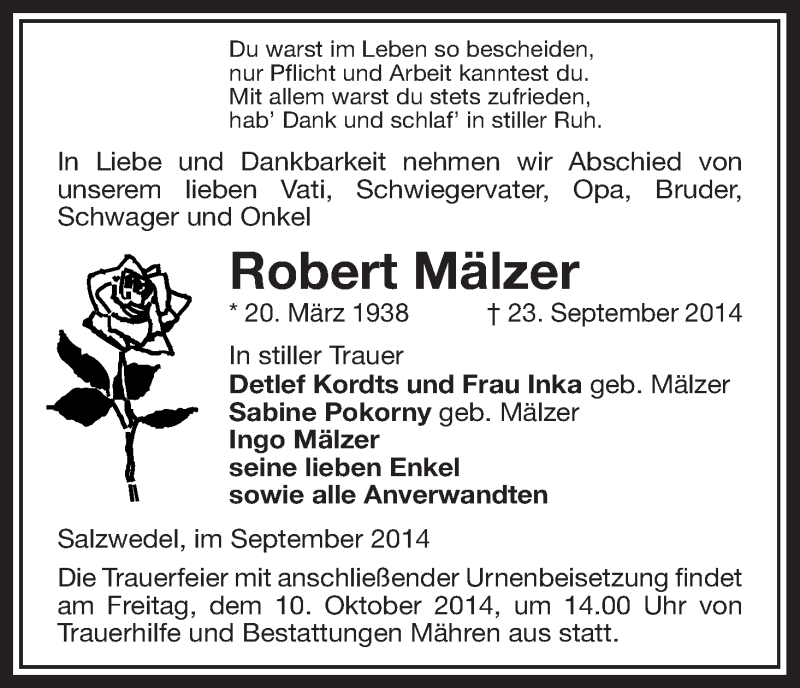  Traueranzeige für Robert Mälzer vom 25.09.2014 aus Uelzen