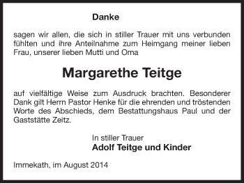 Traueranzeige von Margarethe Teitge von Uelzen