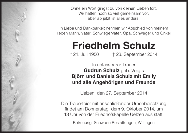  Traueranzeige für Friedhelm Schulz vom 27.09.2014 aus Uelzen