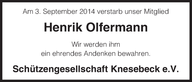  Traueranzeige für Henrik Olfermann vom 26.09.2014 aus Uelzen