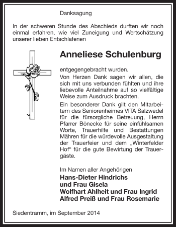 Traueranzeige von Anneliese Schulenburg von Uelzen