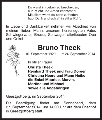 Traueranzeige von Bruno Theek von Uelzen