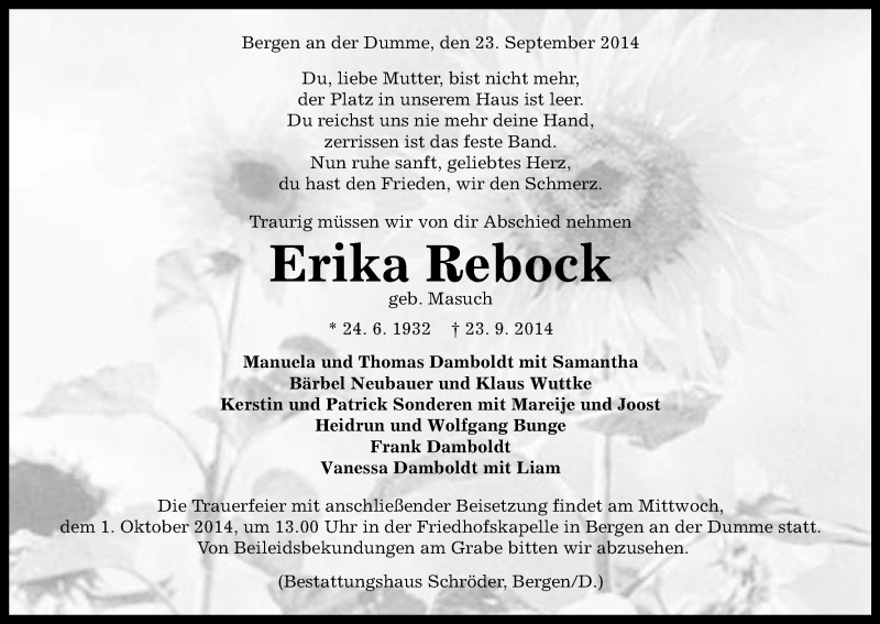  Traueranzeige für Erika Rebock vom 26.09.2014 aus Uelzen
