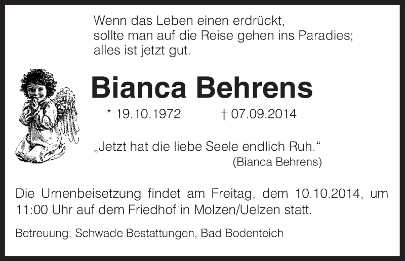  Traueranzeige für Bianca Behrens vom 27.09.2014 aus Uelzen
