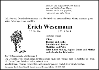 Traueranzeige von Erich Wesemann von Uelzen