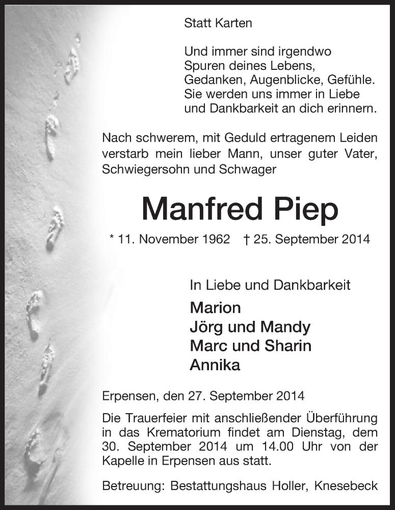  Traueranzeige für Manfred Piep vom 27.09.2014 aus Uelzen