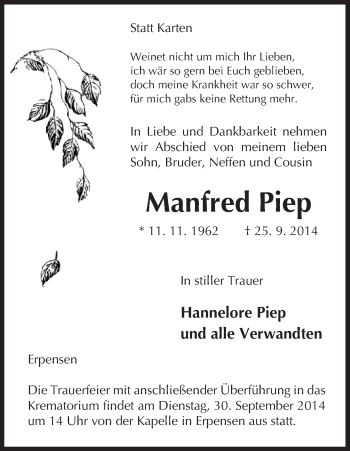 Traueranzeige von Manfred Piep von Uelzen