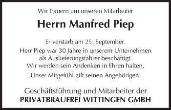 Traueranzeige von Manfred Piep von Uelzen