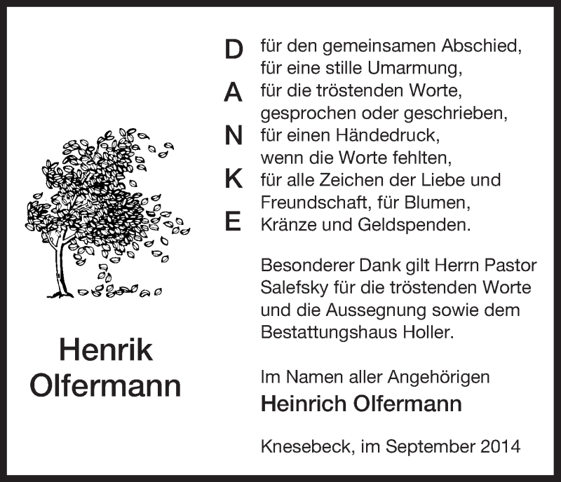  Traueranzeige für Henrik Olfermann vom 04.10.2014 aus Uelzen