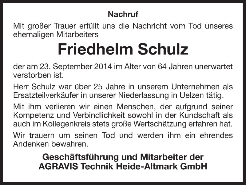  Traueranzeige für Friedhelm Schulz vom 30.09.2014 aus Uelzen