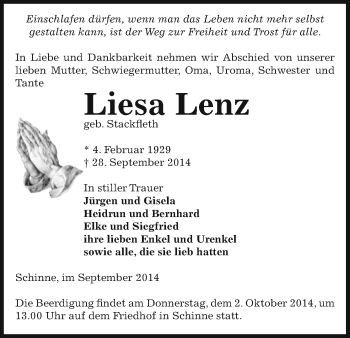 Traueranzeige von Liesa Lenz von Uelzen