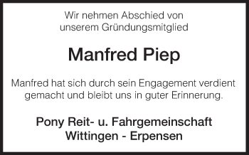 Traueranzeige von Manfred Piep von Uelzen