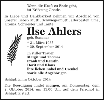 Traueranzeige von Ilse Ahlers von Uelzen