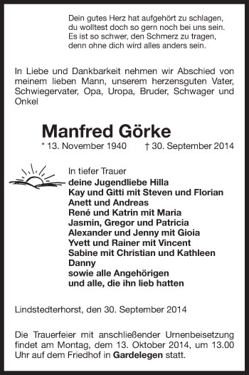 Traueranzeige von Manfred Görke von Uelzen