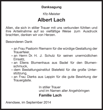 Traueranzeige von Albert Lach von Uelzen