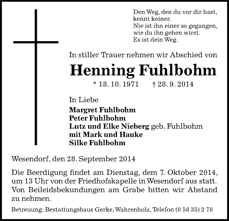  Traueranzeige für Henning  Fuhlbohm vom 04.10.2014 aus Uelzen