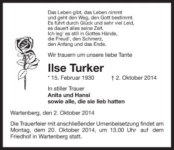 Traueranzeige von Ilse Turker von Uelzen