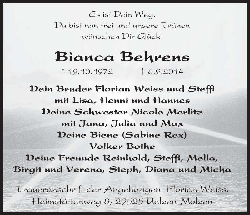  Traueranzeige für Bianca Behrens vom 04.10.2014 aus Uelzen