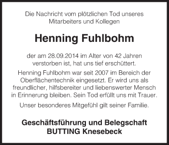 Traueranzeige von Henning  Fuhlbohm von Uelzen