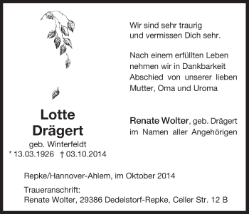 Traueranzeige von Lotte Drägert von Uelzen