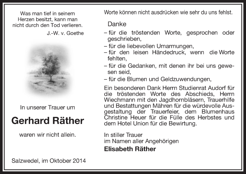  Traueranzeige für Gerhard Räther vom 11.10.2014 aus Uelzen
