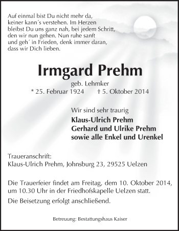 Traueranzeige von Irmgard Prehm von Uelzen