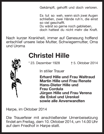 Traueranzeige von Christel Hille von Uelzen