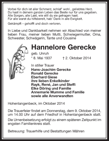 Traueranzeige von Hannelore Gerecke von Uelzen