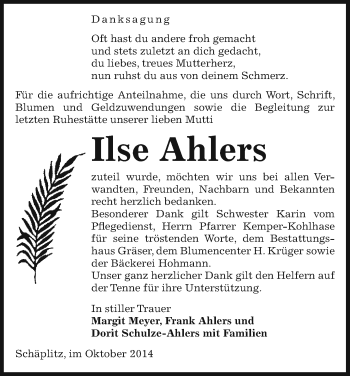 Traueranzeige von Ilse Ahlers von Uelzen