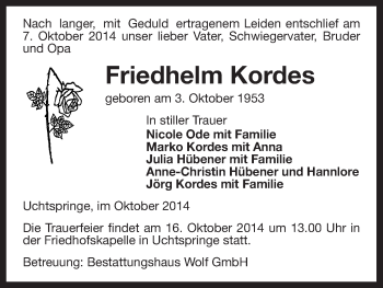 Traueranzeige von Friedhelm Kordes von Uelzen