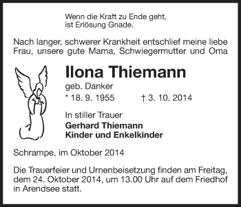 Traueranzeige von Ilona Thiemann von Uelzen