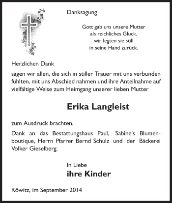 Traueranzeige von Erika Langleist von Uelzen