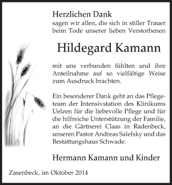 Traueranzeige von Hildegard Kamann von Uelzen