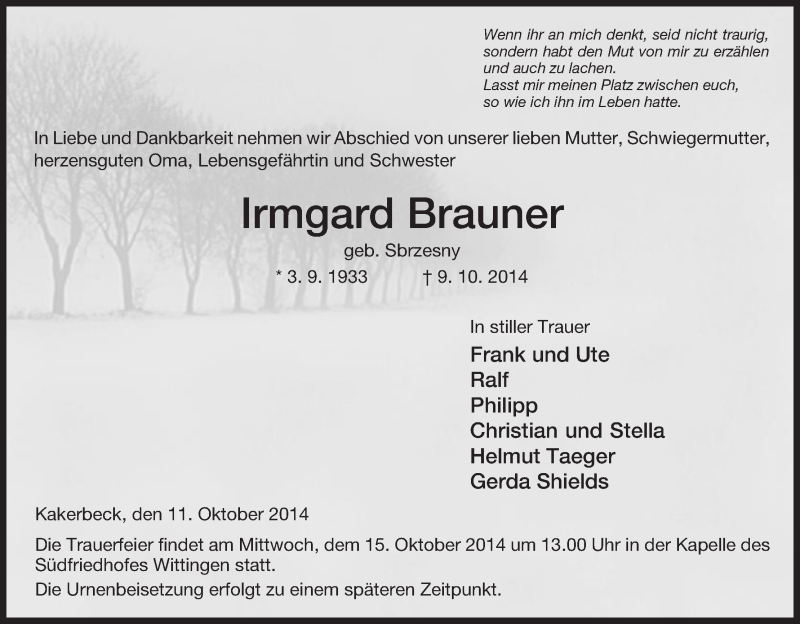  Traueranzeige für Irmgard Brauner vom 11.10.2014 aus Uelzen
