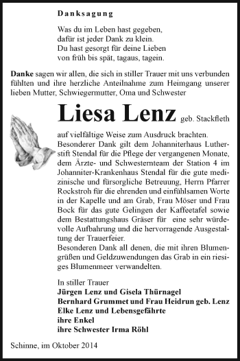 Traueranzeige von Liesa Lenz von Uelzen